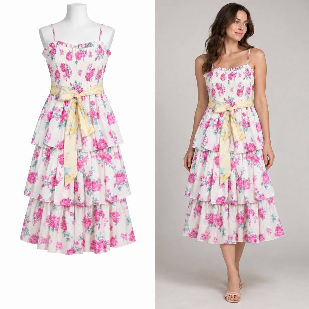 LoveShackFancy x Target Womens Small Elise Pink Floral Smocked Tiered Midi Dress